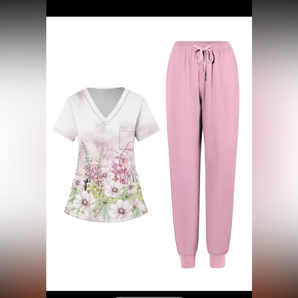 New Scrub set, Floral Print V-Neck